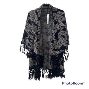 NWT Coco + Carmen Navy Blue Gray Paisley Print Fringe Hem Open Cardigan One Size